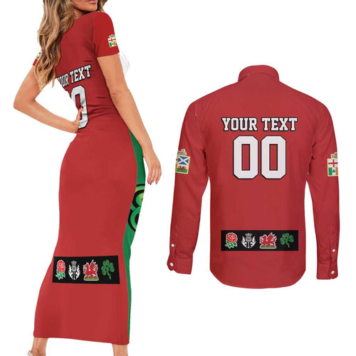 Custom British Lions Couples Matching Short Sleeve Bodycon Dress and Long Sleeve Button Shirt Combination of England Irish Scottish Welsh