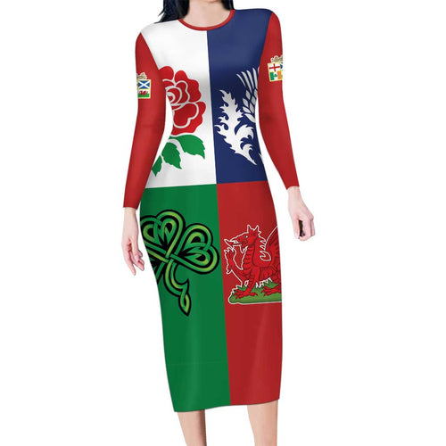 Custom British Lions Family Matching Long Sleeve Bodycon Dress and Hawaiian Shirt Combination of England Irish Scottish Welsh
