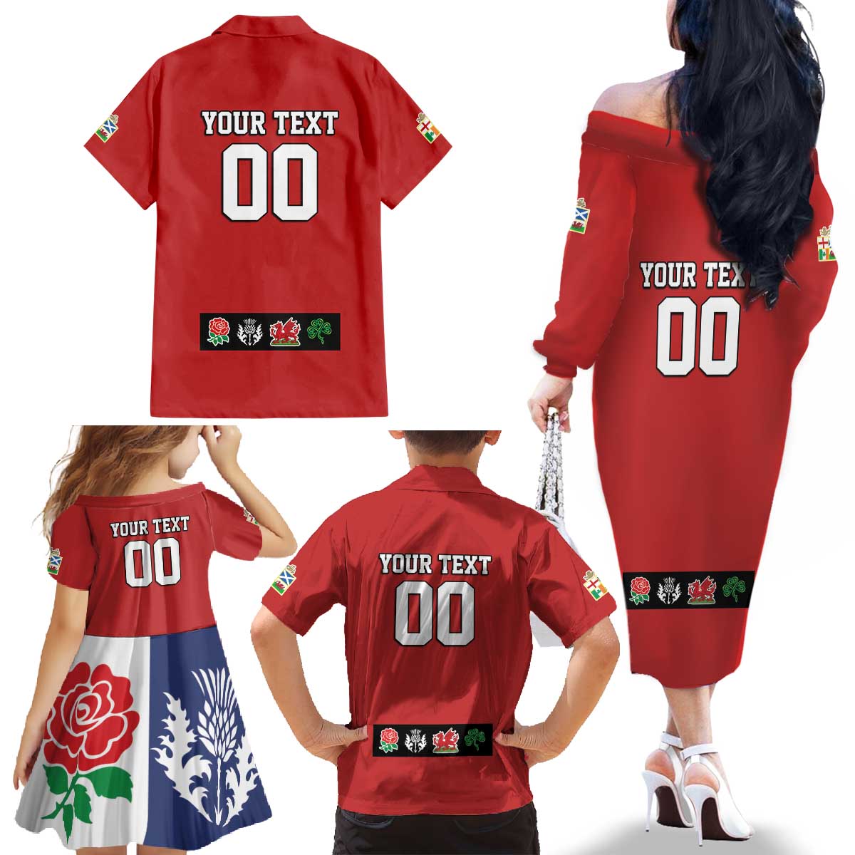 Custom British Lions Family Matching Off The Shoulder Long Sleeve Dress and Hawaiian Shirt Combination of England Irish Scottish Welsh
