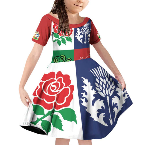 Custom British Lions Family Matching Off Shoulder Short Dress and Hawaiian Shirt Combination of England Irish Scottish Welsh