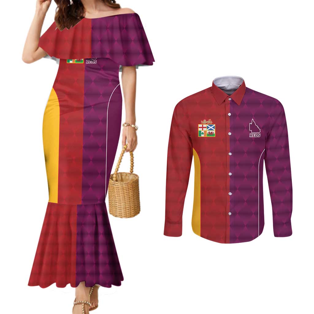 Custom British Lions Australia Queensland Couples Matching Mermaid Dress and Long Sleeve Button Shirt Sporty Style