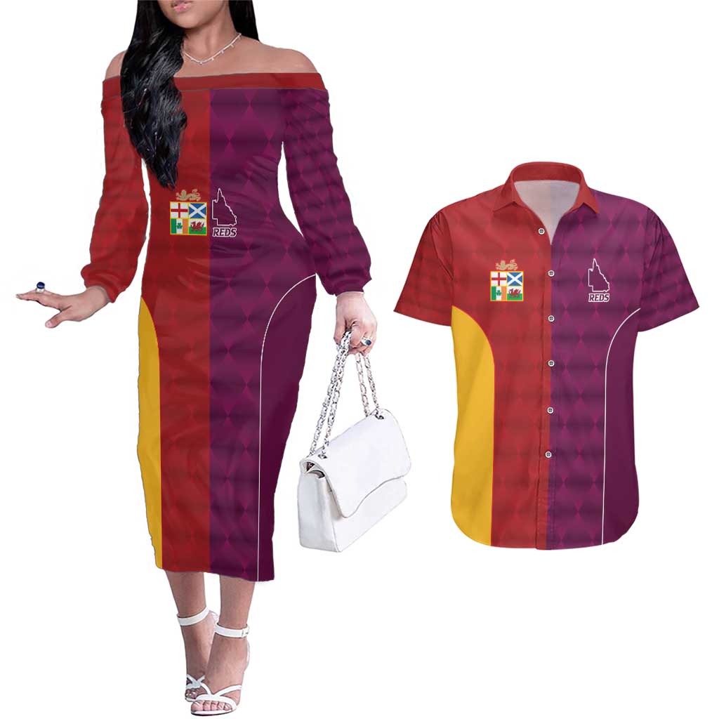 Custom British Lions Australia Queensland Couples Matching Off The Shoulder Long Sleeve Dress and Hawaiian Shirt Sporty Style