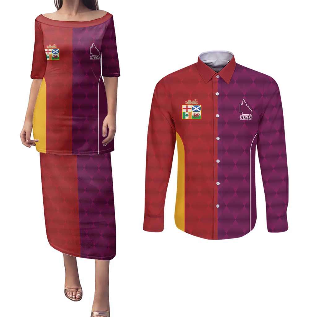 Custom British Lions Australia Queensland Couples Matching Puletasi and Long Sleeve Button Shirt Sporty Style