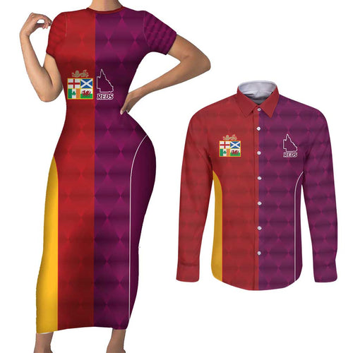 Custom British Lions Australia Queensland Couples Matching Short Sleeve Bodycon Dress and Long Sleeve Button Shirt Sporty Style