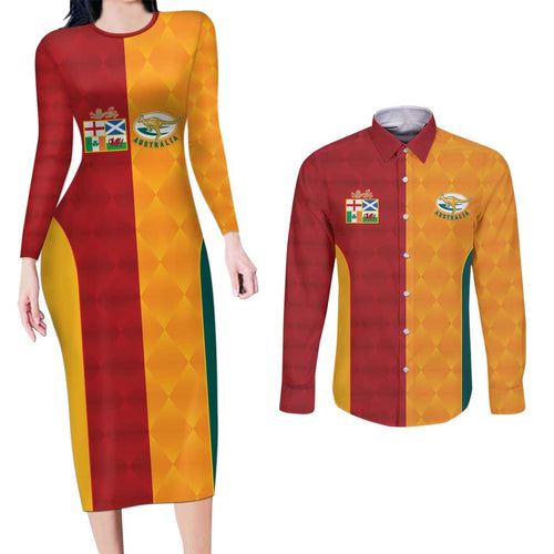 Custom British Lions Australia Wallabies Couples Matching Long Sleeve Bodycon Dress and Long Sleeve Button Shirt Sporty Style