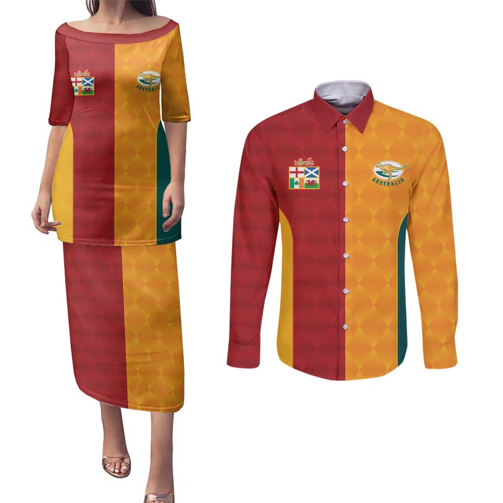 Custom British Lions Australia Wallabies Couples Matching Puletasi and Long Sleeve Button Shirt Sporty Style