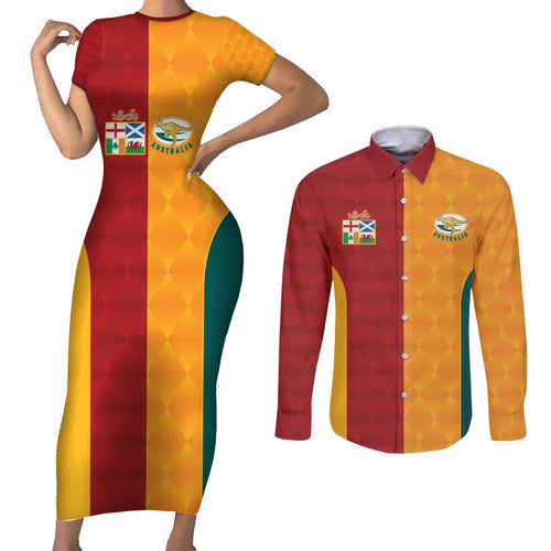 Custom British Lions Australia Wallabies Couples Matching Short Sleeve Bodycon Dress and Long Sleeve Button Shirt Sporty Style