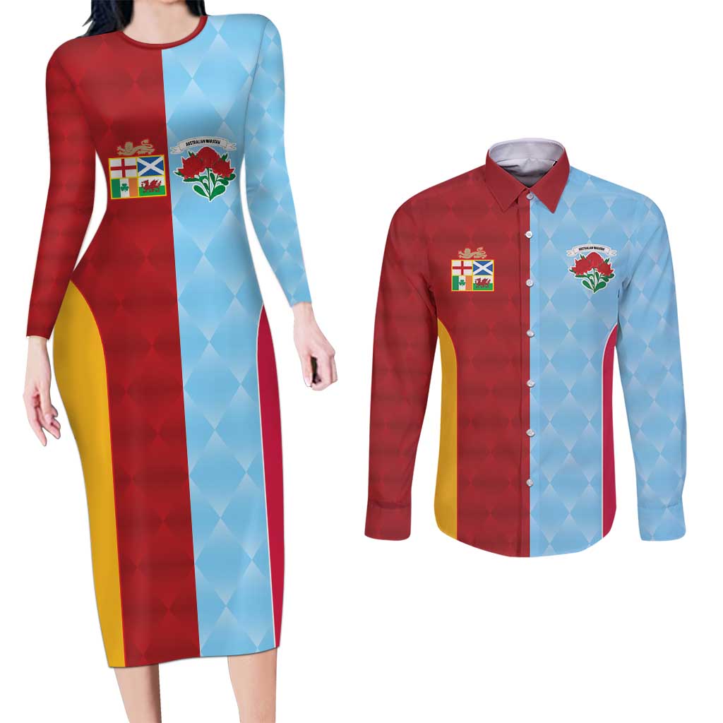 Custom British Lions Australia Waratahs Couples Matching Long Sleeve Bodycon Dress and Long Sleeve Button Shirt Sporty Style