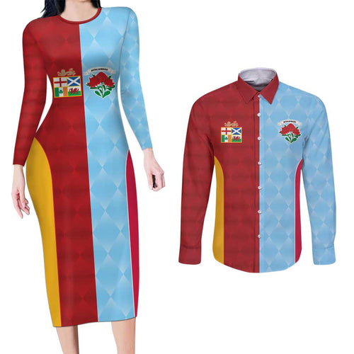 Custom British Lions Australia Waratahs Couples Matching Long Sleeve Bodycon Dress and Long Sleeve Button Shirt Sporty Style