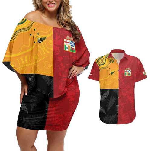 Custom British Lions-AUNZ Couples Matching Off Shoulder Short Dress and Hawaiian Shirt Australia-New Zealand Indigenous Motif