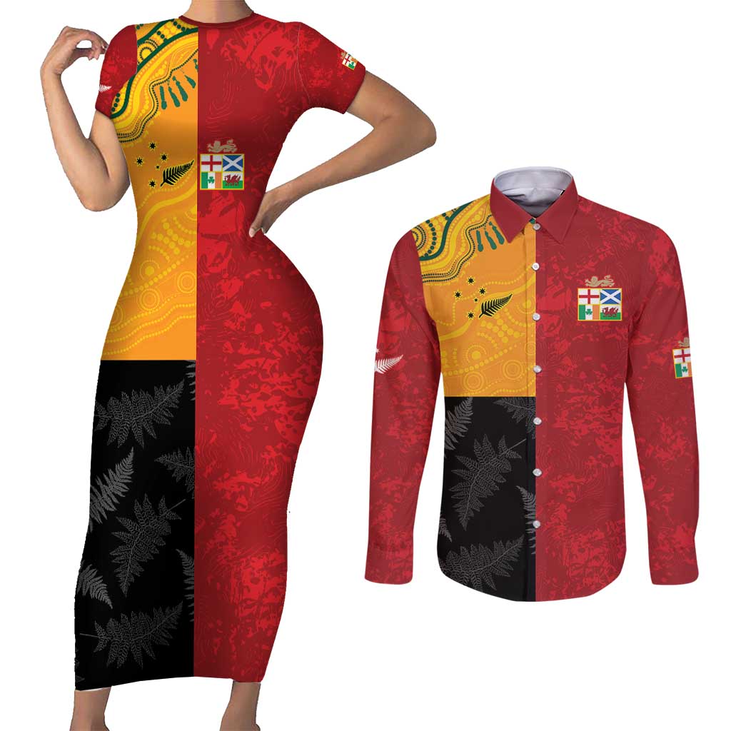 Custom British Lions-AUNZ Couples Matching Short Sleeve Bodycon Dress and Long Sleeve Button Shirt Australia-New Zealand Indigenous Motif