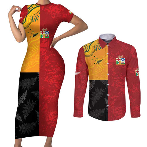 Custom British Lions-AUNZ Couples Matching Short Sleeve Bodycon Dress and Long Sleeve Button Shirt Australia-New Zealand Indigenous Motif