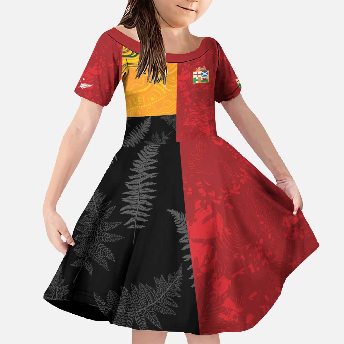 Custom British Lions-AUNZ Family Matching Off The Shoulder Long Sleeve Dress and Hawaiian Shirt Australia-New Zealand Indigenous Motif