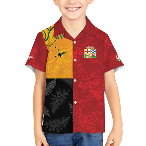 Custom British Lions-AUNZ Family Matching Off The Shoulder Long Sleeve Dress and Hawaiian Shirt Australia-New Zealand Indigenous Motif