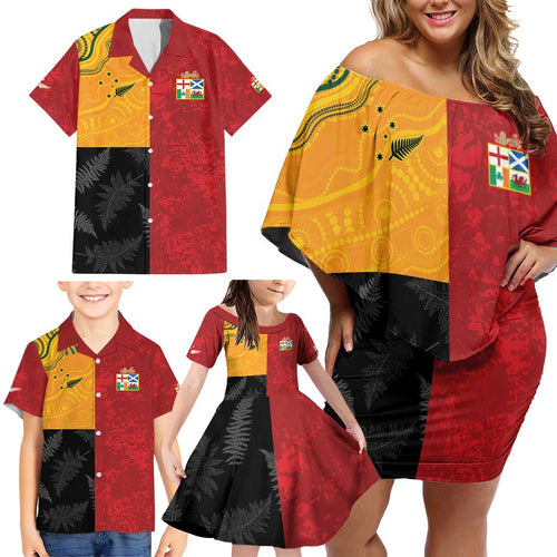 Custom British Lions-AUNZ Family Matching Off Shoulder Short Dress and Hawaiian Shirt Australia-New Zealand Indigenous Motif