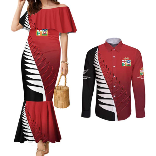 Custom British Lions New Zealand Couples Matching Mermaid Dress and Long Sleeve Button Shirt Half Black Fern