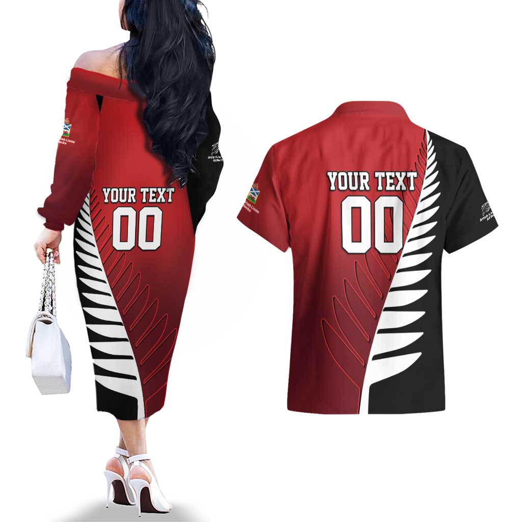 Custom British Lions New Zealand Couples Matching Off The Shoulder Long Sleeve Dress and Hawaiian Shirt Half Black Fern