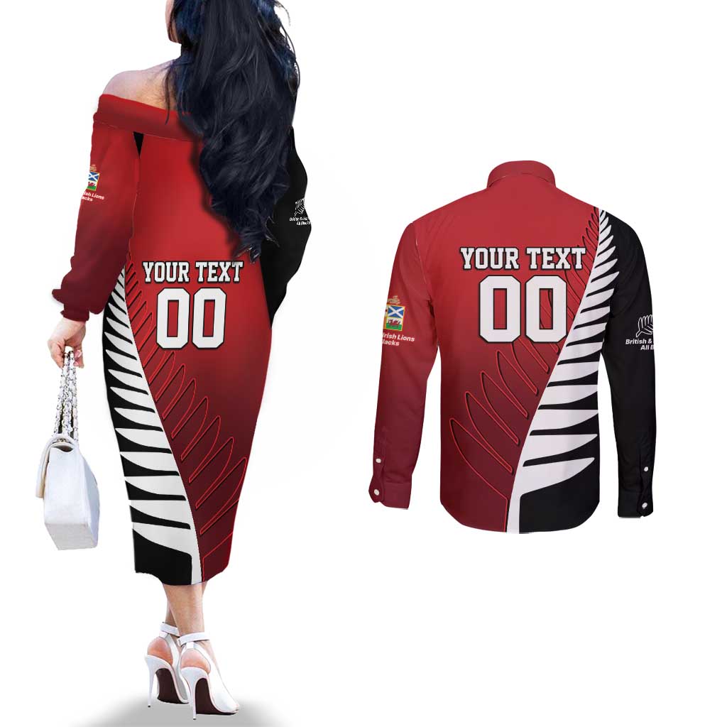 Custom British Lions New Zealand Couples Matching Off The Shoulder Long Sleeve Dress and Long Sleeve Button Shirt Half Black Fern