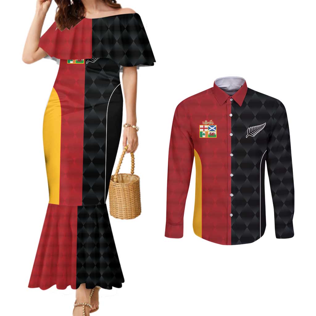 Custom British Lions New Zealand Couples Matching Mermaid Dress and Long Sleeve Button Shirt Sporty Style