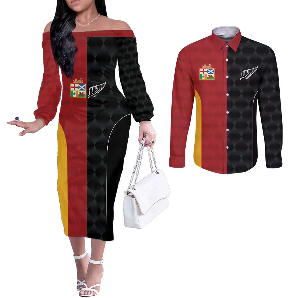 Custom British Lions New Zealand Couples Matching Off The Shoulder Long Sleeve Dress and Long Sleeve Button Shirt Sporty Style