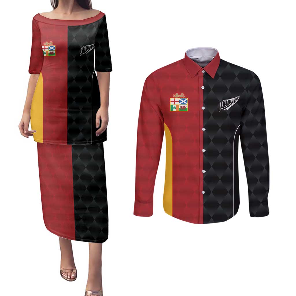 Custom British Lions New Zealand Couples Matching Puletasi and Long Sleeve Button Shirt Sporty Style
