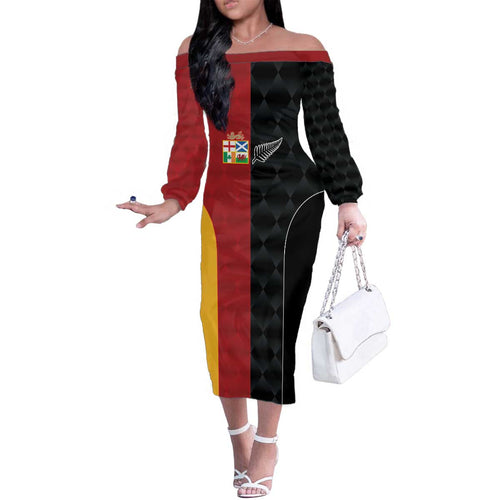 Custom British Lions New Zealand Family Matching Off The Shoulder Long Sleeve Dress and Hawaiian Shirt Sporty Style