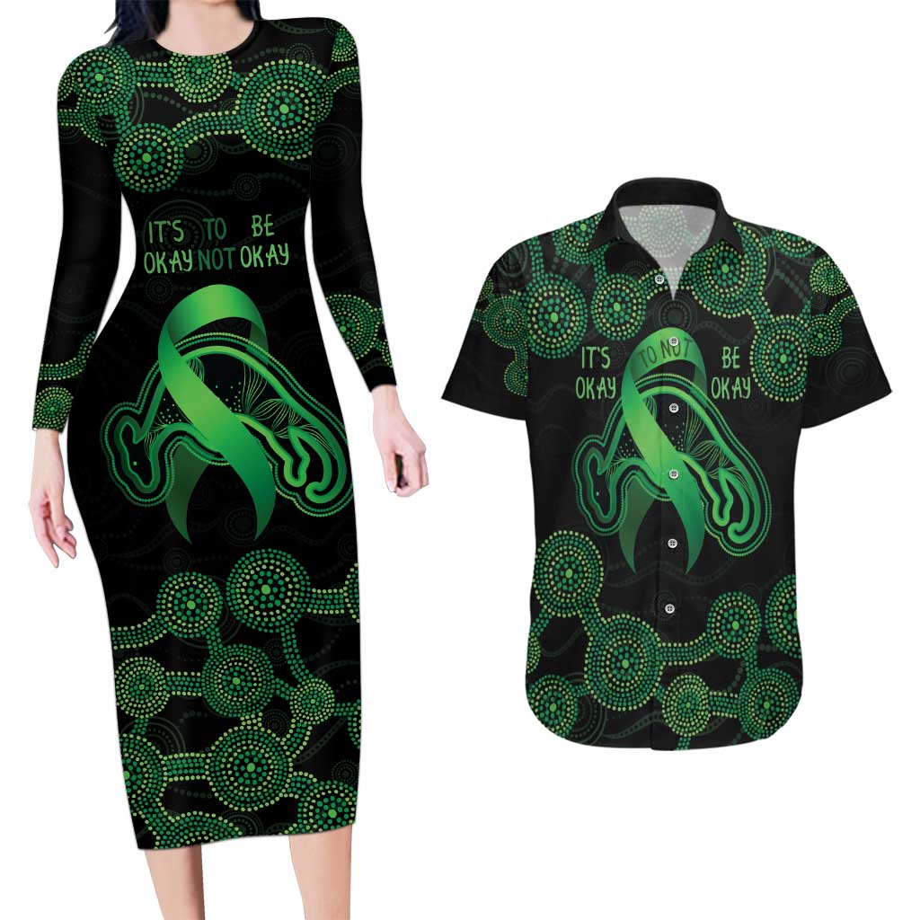 Green Kangaroo Ribbon Aboriginal Personalised Couples Matching Long Sleeve Bodycon Dress and Hawaiian Shirt Depression Awareness
