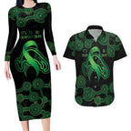 Green Kangaroo Ribbon Aboriginal Personalised Couples Matching Long Sleeve Bodycon Dress and Hawaiian Shirt Depression Awareness