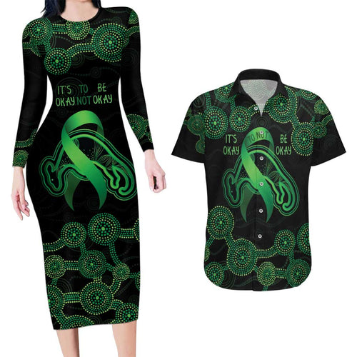 Green Kangaroo Ribbon Aboriginal Personalised Couples Matching Long Sleeve Bodycon Dress and Hawaiian Shirt Depression Awareness