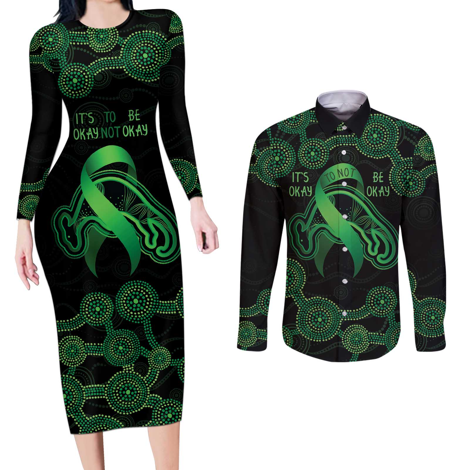 Green Kangaroo Ribbon Aboriginal Personalised Couples Matching Long Sleeve Bodycon Dress and Long Sleeve Button Shirt Depression Awareness