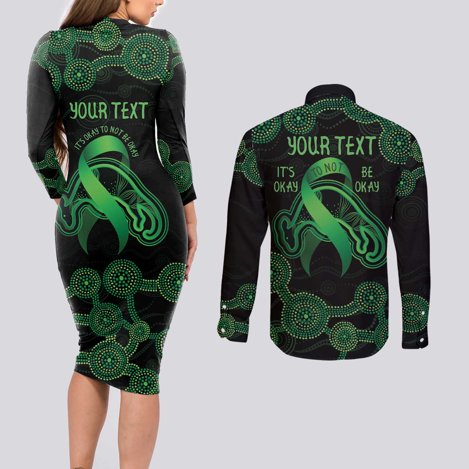 Green Kangaroo Ribbon Aboriginal Personalised Couples Matching Long Sleeve Bodycon Dress and Long Sleeve Button Shirt Depression Awareness