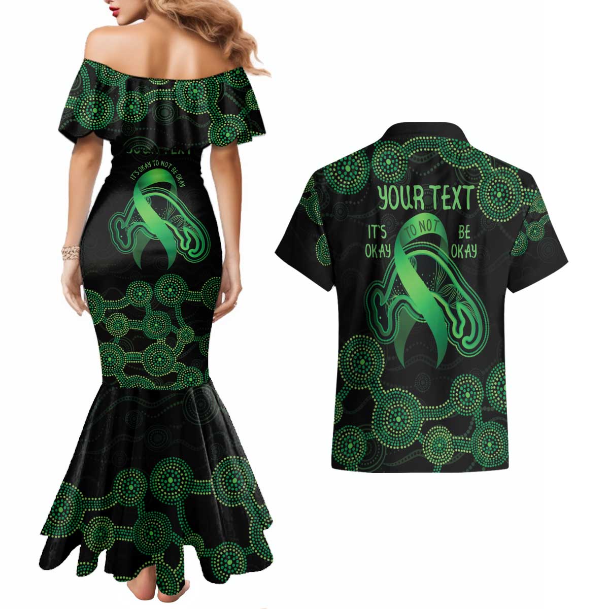 Green Kangaroo Ribbon Aboriginal Personalised Couples Matching Mermaid Dress and Hawaiian Shirt Depression Awareness
