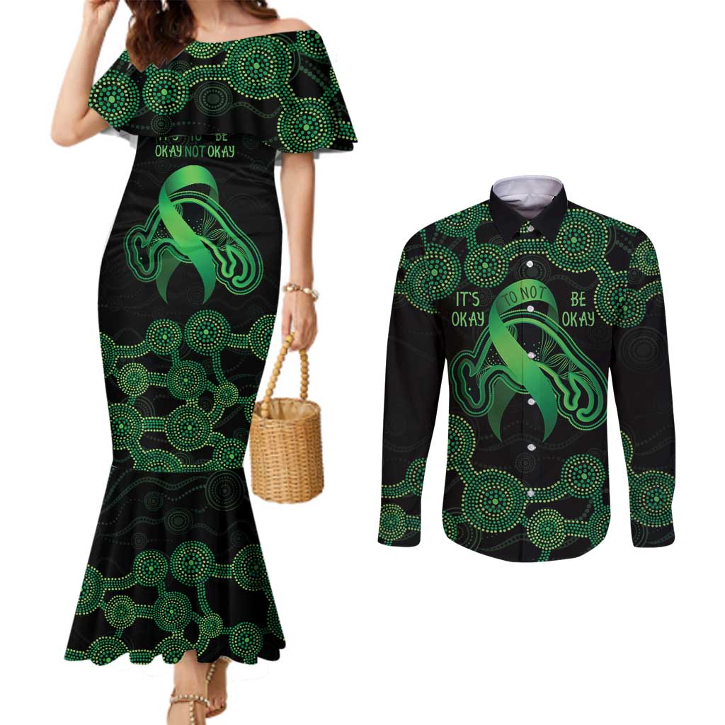 Green Kangaroo Ribbon Aboriginal Personalised Couples Matching Mermaid Dress and Long Sleeve Button Shirt Depression Awareness