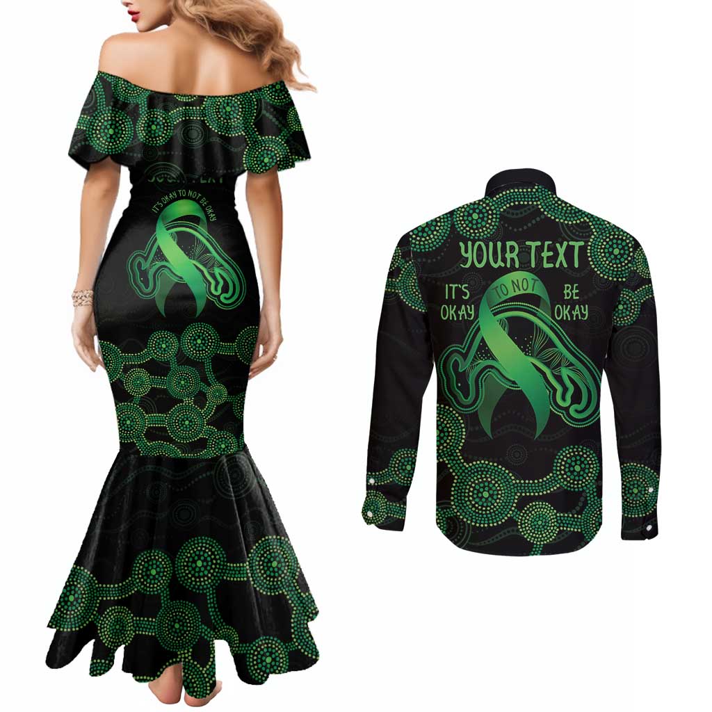 Green Kangaroo Ribbon Aboriginal Personalised Couples Matching Mermaid Dress and Long Sleeve Button Shirt Depression Awareness
