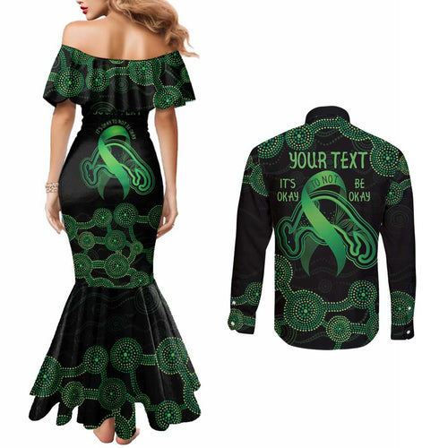 Green Kangaroo Ribbon Aboriginal Personalised Couples Matching Mermaid Dress and Long Sleeve Button Shirt Depression Awareness