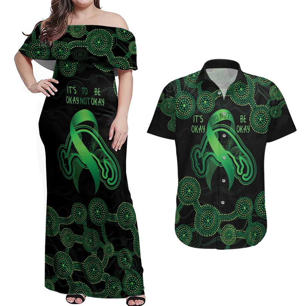 Green Kangaroo Ribbon Aboriginal Personalised Couples Matching Off Shoulder Maxi Dress and Hawaiian Shirt Depression Awareness
