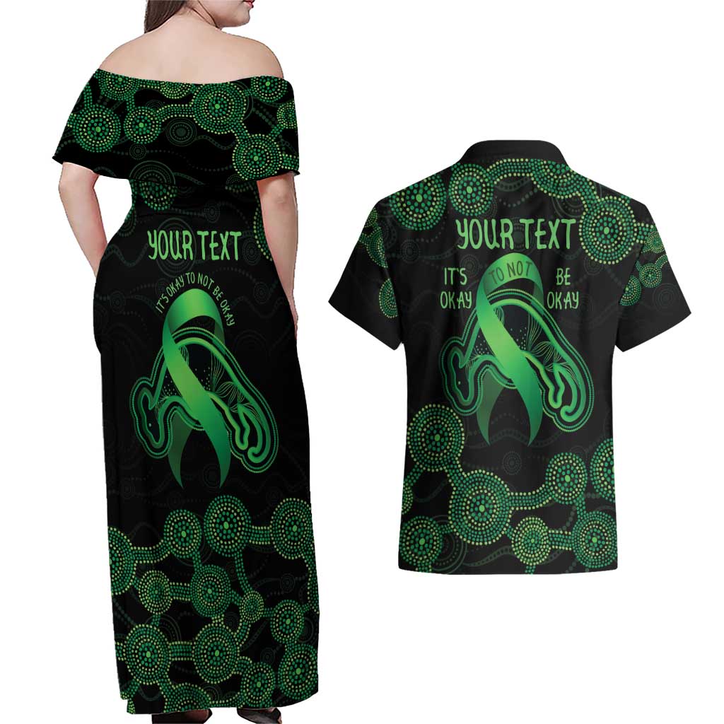 Green Kangaroo Ribbon Aboriginal Personalised Couples Matching Off Shoulder Maxi Dress and Hawaiian Shirt Depression Awareness