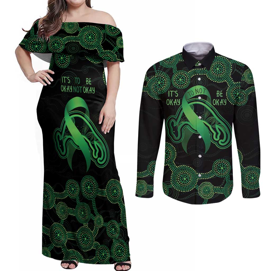 Green Kangaroo Ribbon Aboriginal Personalised Couples Matching Off Shoulder Maxi Dress and Long Sleeve Button Shirt Depression Awareness