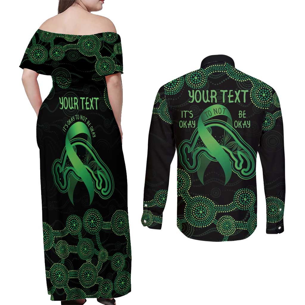 Green Kangaroo Ribbon Aboriginal Personalised Couples Matching Off Shoulder Maxi Dress and Long Sleeve Button Shirt Depression Awareness