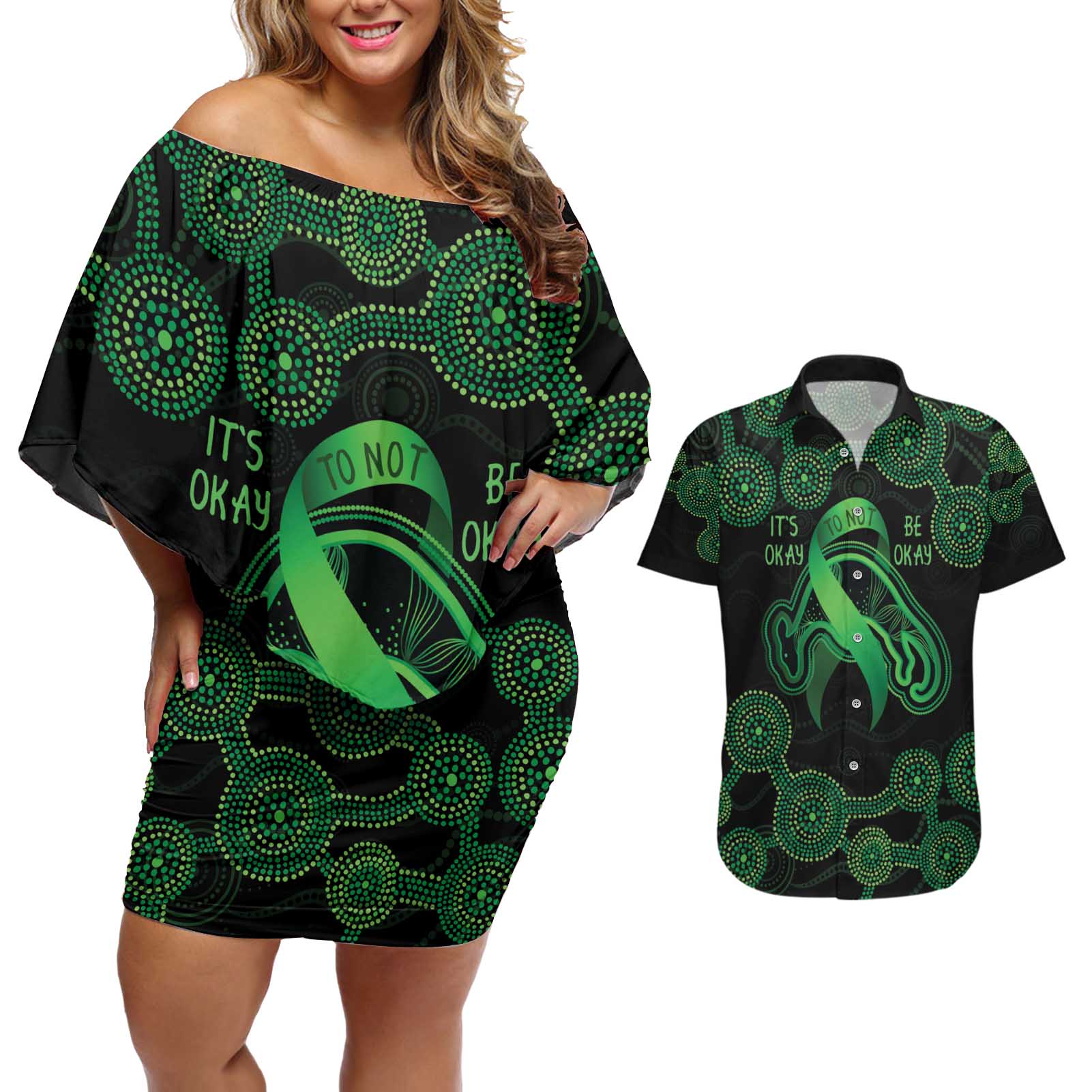 Green Kangaroo Ribbon Aboriginal Personalised Couples Matching Off Shoulder Short Dress and Hawaiian Shirt Depression Awareness