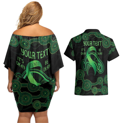 Green Kangaroo Ribbon Aboriginal Personalised Couples Matching Off Shoulder Short Dress and Hawaiian Shirt Depression Awareness