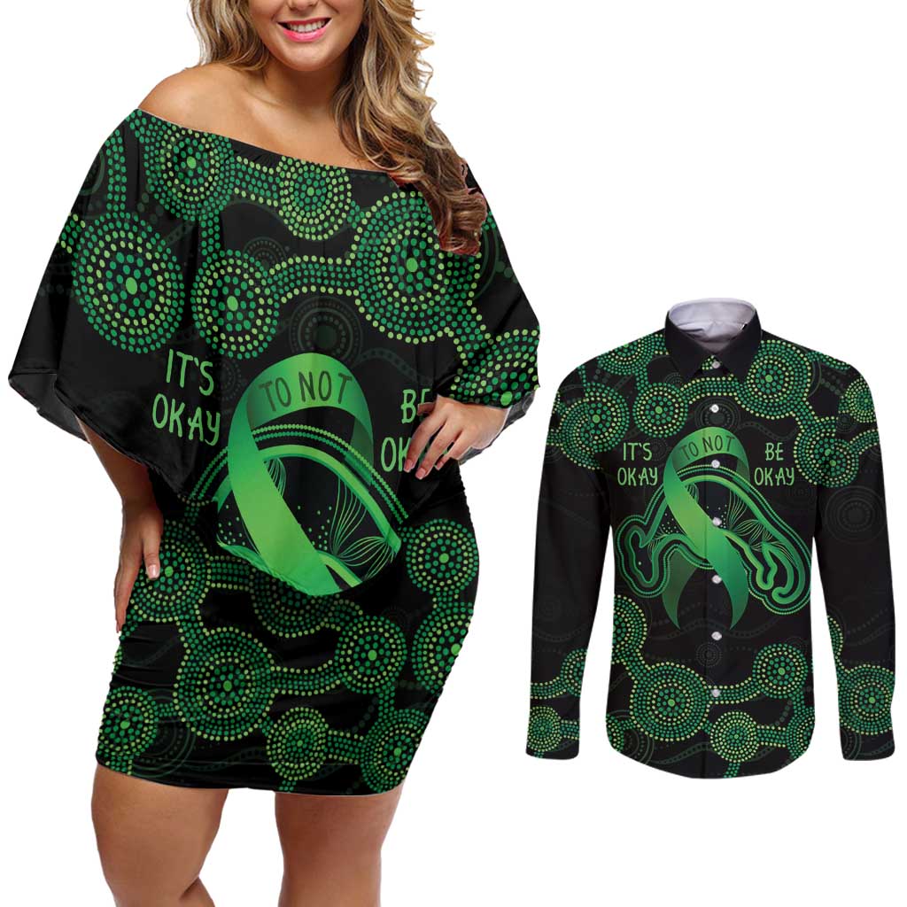 Green Kangaroo Ribbon Aboriginal Personalised Couples Matching Off Shoulder Short Dress and Long Sleeve Button Shirt Depression Awareness