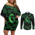 Green Kangaroo Ribbon Aboriginal Personalised Couples Matching Off Shoulder Short Dress and Long Sleeve Button Shirt Depression Awareness