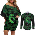 Green Kangaroo Ribbon Aboriginal Personalised Couples Matching Off Shoulder Short Dress and Long Sleeve Button Shirt Depression Awareness