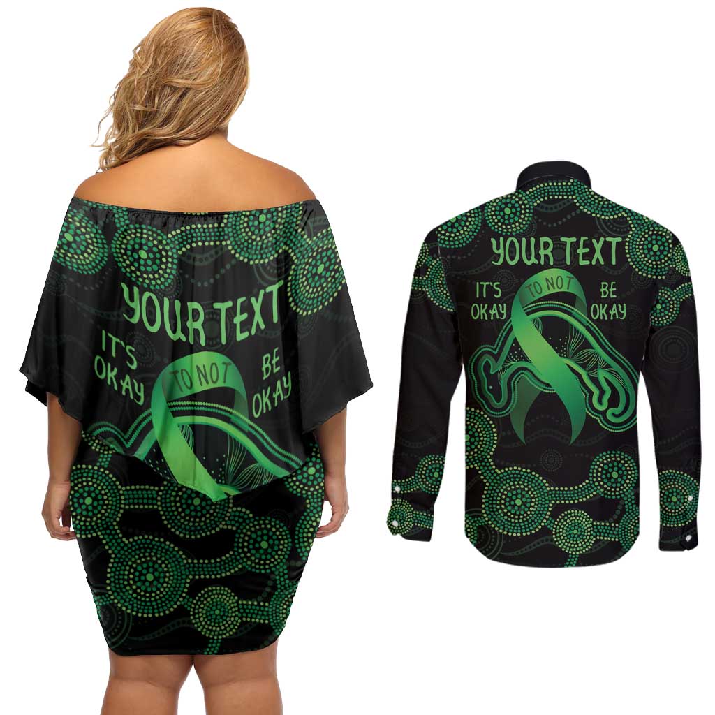 Green Kangaroo Ribbon Aboriginal Personalised Couples Matching Off Shoulder Short Dress and Long Sleeve Button Shirt Depression Awareness
