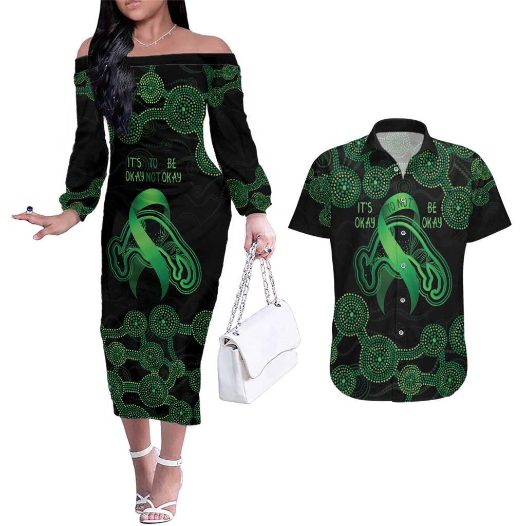 Green Kangaroo Ribbon Aboriginal Personalised Couples Matching Off The Shoulder Long Sleeve Dress and Hawaiian Shirt Depression Awareness