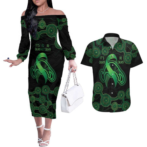 Green Kangaroo Ribbon Aboriginal Personalised Couples Matching Off The Shoulder Long Sleeve Dress and Hawaiian Shirt Depression Awareness