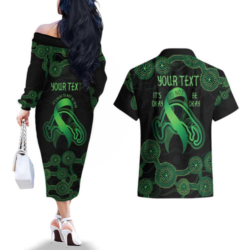 Green Kangaroo Ribbon Aboriginal Personalised Couples Matching Off The Shoulder Long Sleeve Dress and Hawaiian Shirt Depression Awareness