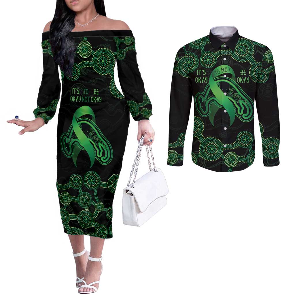 Green Kangaroo Ribbon Aboriginal Personalised Couples Matching Off The Shoulder Long Sleeve Dress and Long Sleeve Button Shirt Depression Awareness