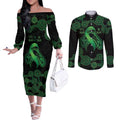 Green Kangaroo Ribbon Aboriginal Personalised Couples Matching Off The Shoulder Long Sleeve Dress and Long Sleeve Button Shirt Depression Awareness